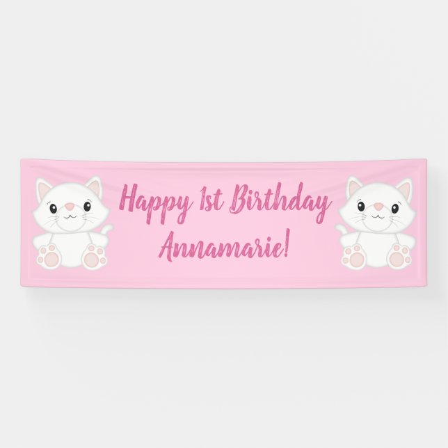 Cat Birthday Party Kitty Pink Banner (Horizontal)
