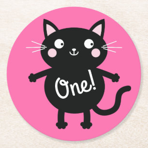 Cat Birthday Party Round Paper Coaster