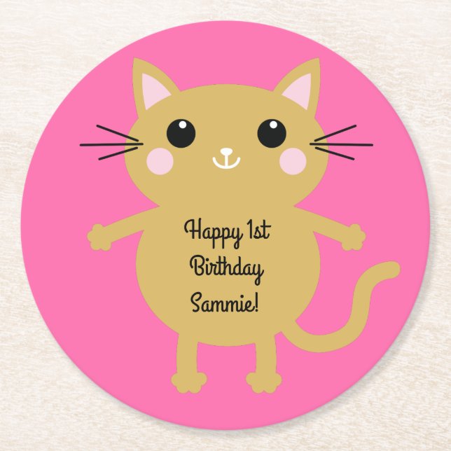 Cat Birthday Party Round Paper Coaster (Front)