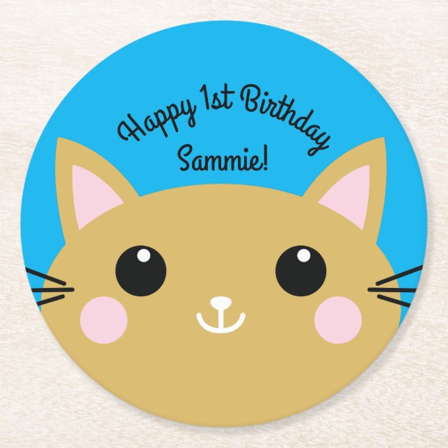 Cat Birthday Party Round Paper Coaster (Front)