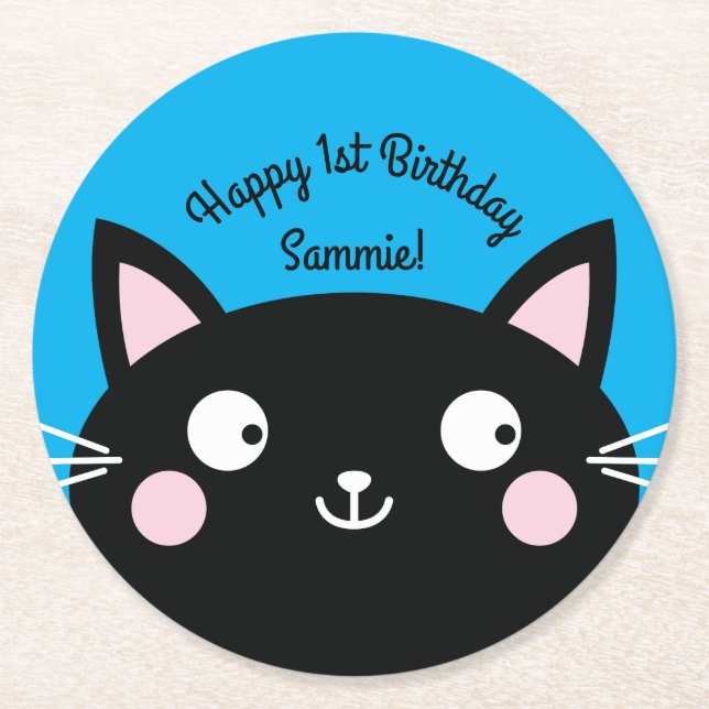 Cat Birthday Party Round Paper Coaster (Front)