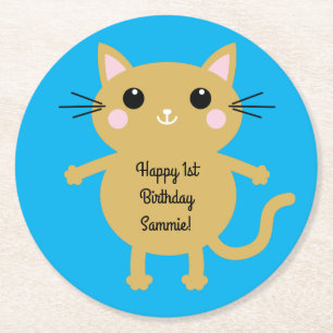 Cat Birthday Party Round Paper Coaster