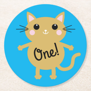Cat Birthday Party Round Paper Coaster