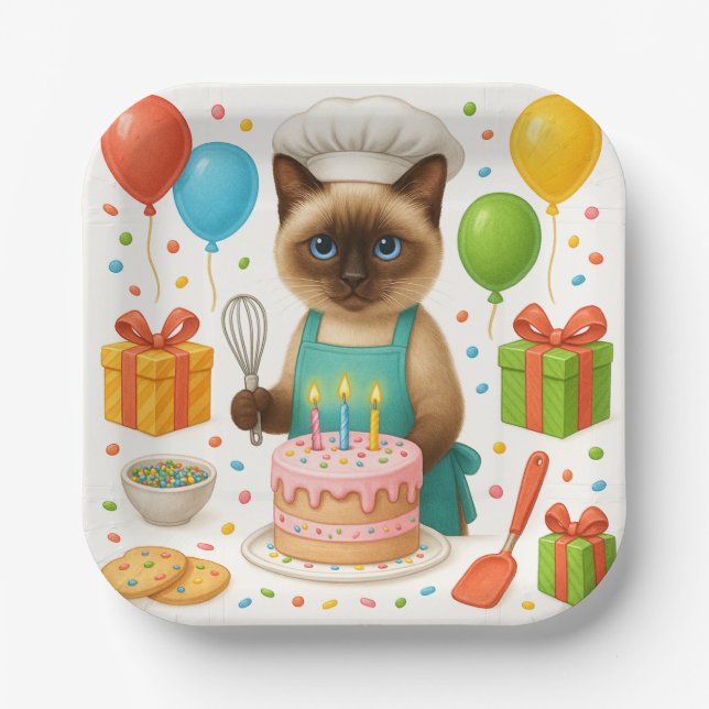 Cat Birthday  Party themed with cake  Paper Plate (Front)
