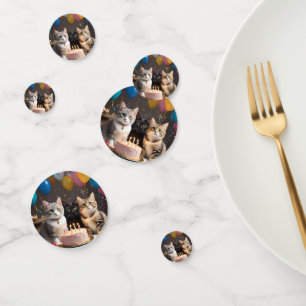 Cat Birthday Party With Cake And Balloons, Confetti