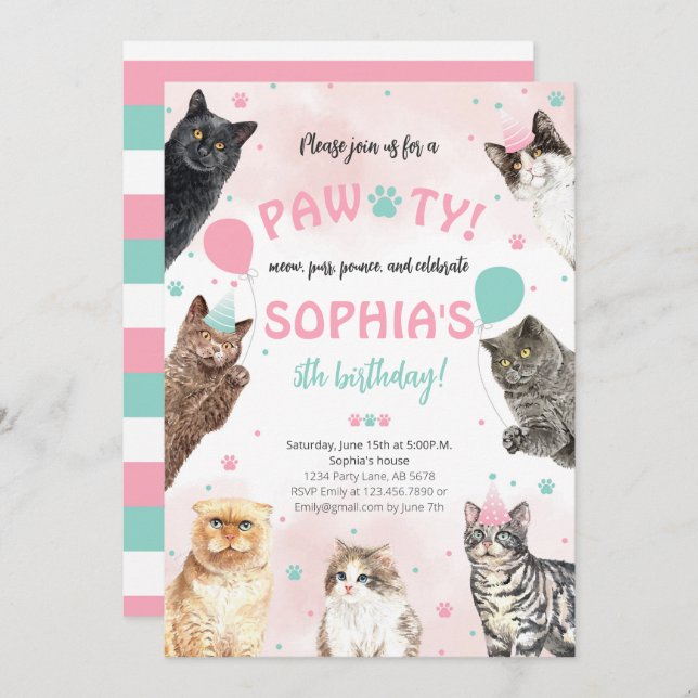 Cat Birthday Pawty Invitation (Front/Back)