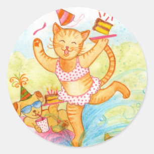 Cat Birthday Pool Party Classic Round Sticker