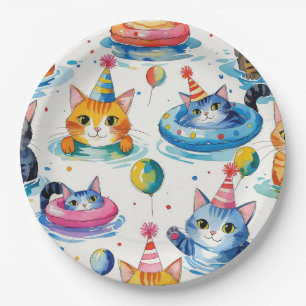 Cat Birthday Pool Party for Cat Lovers Paper Plate