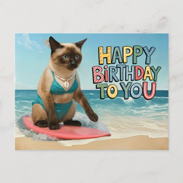 Cat Birthday themed at the beach for Siamese cat Postcard (Front)