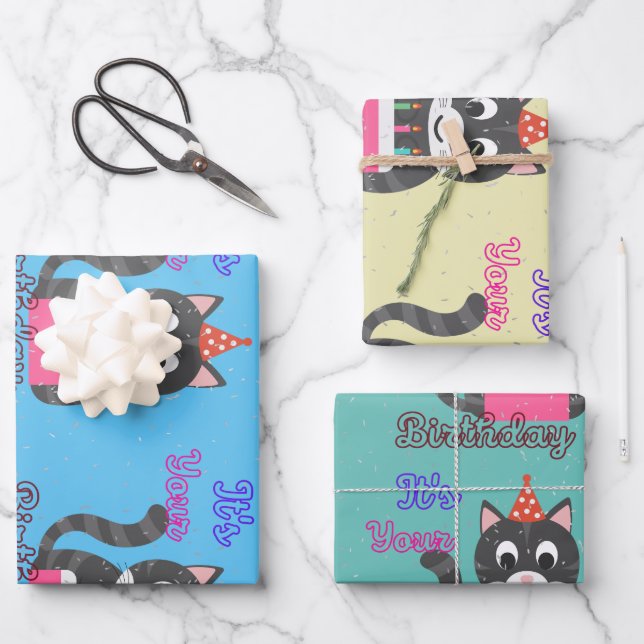 Cat Birthday Wrapping Paper Sheet (Front)