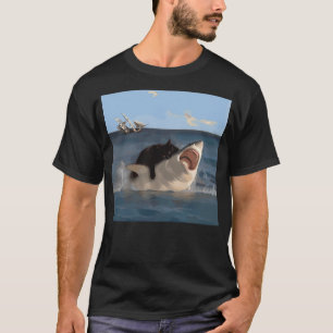 Cat Biting Shark Funny Art and Cat Lover Funny Cat T-Shirt