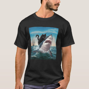 Cat Biting Shark Humourous Playful Men Women Funny T-Shirt