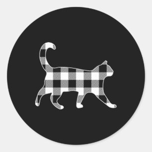 Cat Black And White Buffalo Plaid Merry Christmas Classic Round Sticker