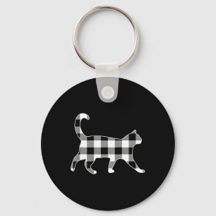 Cat Black And White Buffalo Plaid Merry Christmas Key Ring