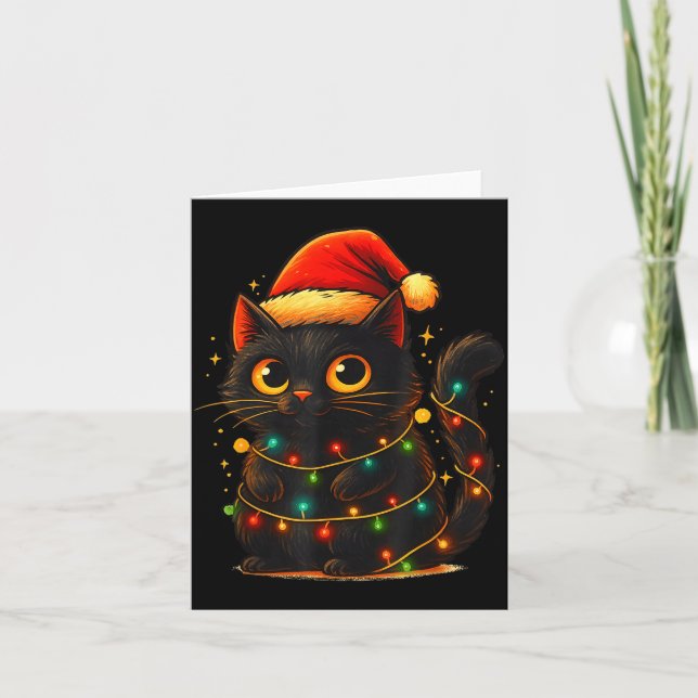 Cat Black Christmas Tree Lights Funny Santa Kitten Card (Front)