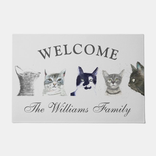 Cat Black Pets Animal Watercolor Kitten Doormat (Front)