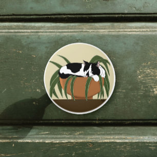 Cat Black White Plant Funny Ceramic Knob