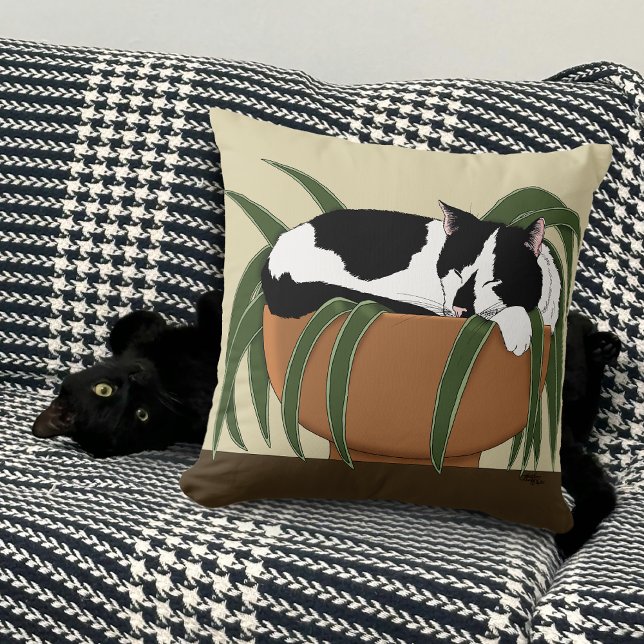 Cat Black White Plant Funny Cushion (Creator Uploaded)