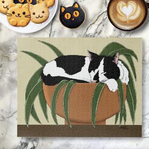 Cat Black White Plant Funny Jigsaw Puzzle