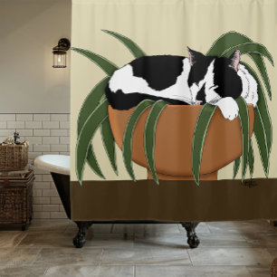 Cat Black White Plant Funny Shower Curtain