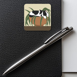 Cat Black White Plant Funny Square Sticker