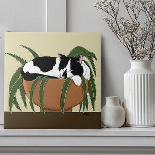 Cat Black White Plant Funny Tile