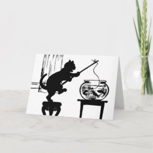 Cat Black/White Silhouette Fishing in Fish Bowl Card