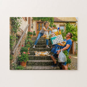 Cat Blocks Staircase During Groceries Jigsaw Puzzle