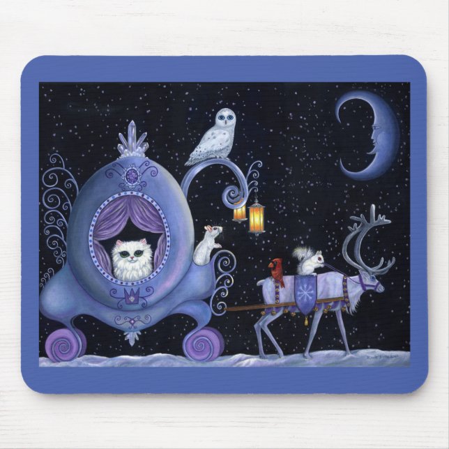 Cat Blue Carriage Winter Snowy Owl White Deer Cute Mouse Mat (Front)