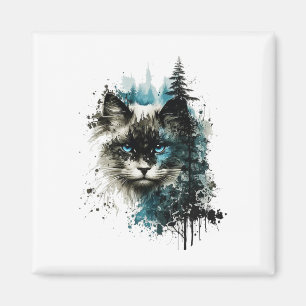 Cat Blue Eyes Cat Motif Art Forest Animal Cat Magnet