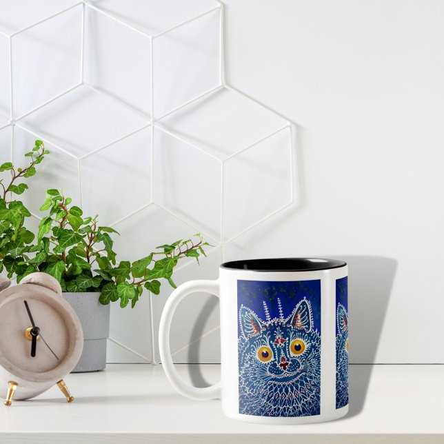 Cat blue unique artistic kaleidoscope cute Two-Tone coffee mug (Creator Uploaded)