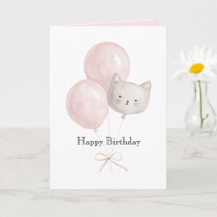 Cat Blush Pink Balloons Birthday Card
