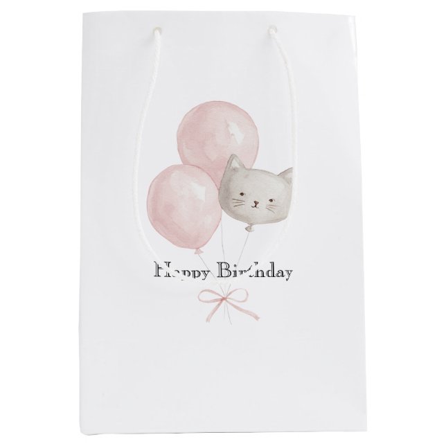 Cat Blush Pink Balloons Birthday Medium Gift Bag (Front)