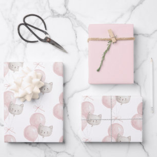 Cat Blush Pink Balloons Birthday Wrapping Paper Sheet
