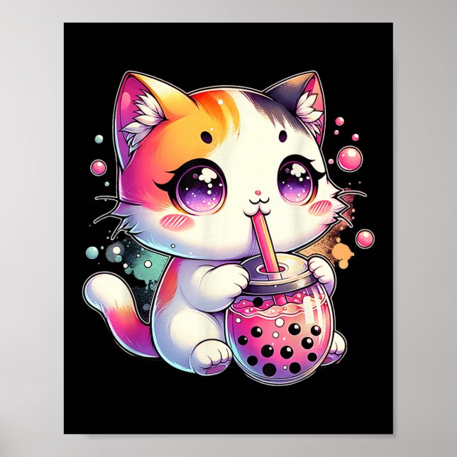 Cat Boba Tea Anime Japanese Kawaii Neko Bubble Tea Poster (Front)