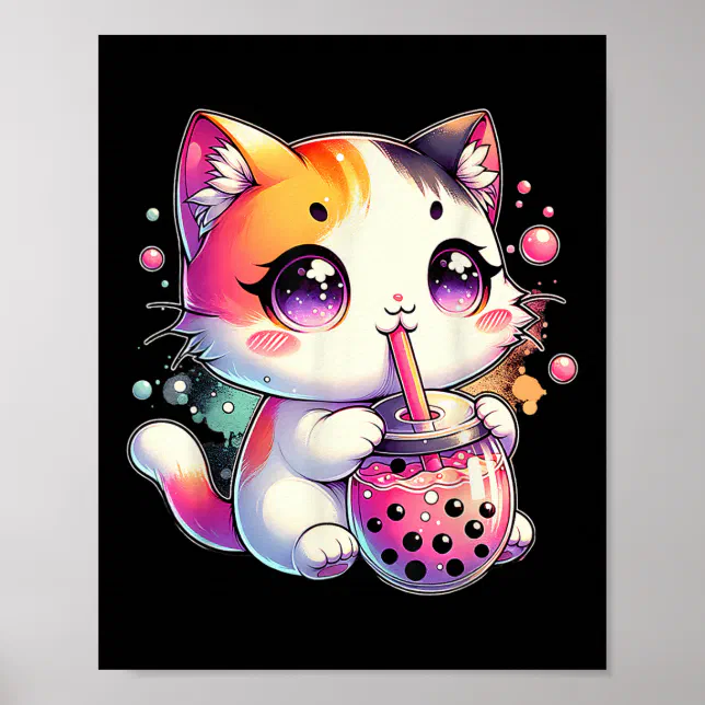 Cat Boba Tea Anime Japanese Kawaii Neko Bubble Tea Poster | Zazzle