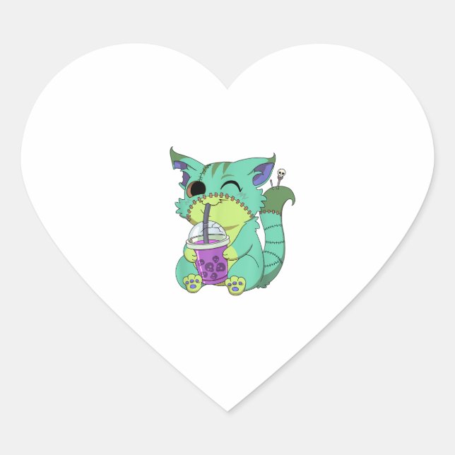 Cat Boba Tea Anime Kawaii Graphic Pastel Goth Hall Heart Sticker (Front)