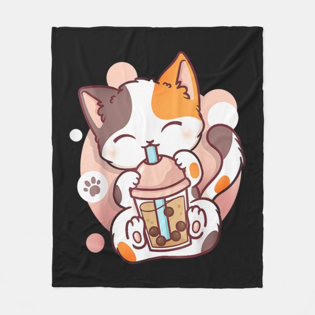 Cat Boba Tea Bubble Tea Anime Kawaii Neko  Fleece Blanket (Front)