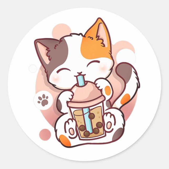 Cat Boba Tea Bubble Tea Anime Kawaii Neko for Girl Classic Round Sticker (Front)