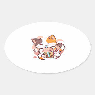 Cat Boba Tea Bubble Tea Anime Kawaii Neko for Girl Oval Sticker