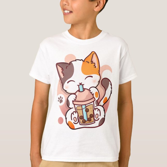 Cat Boba Tea Bubble Tea Anime Kawaii Neko for Girl T-Shirt (Front)