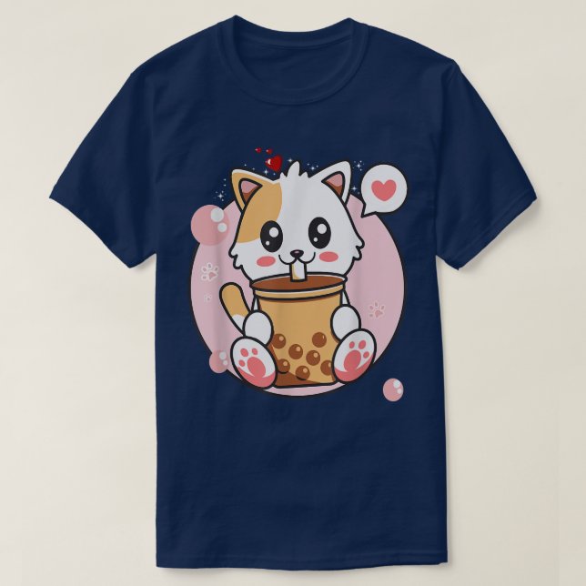 Cat Boba Tea Bubble Tea Kawaii Anime Japanese Girl T-Shirt (Design Front)