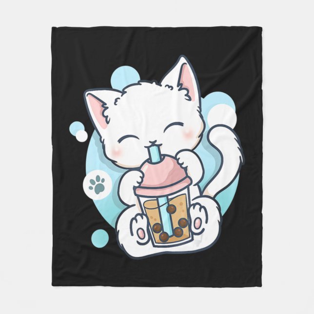 Cat Boba Tea Bubble Tea Kawaii Anime Japanese Neko Fleece Blanket (Front)