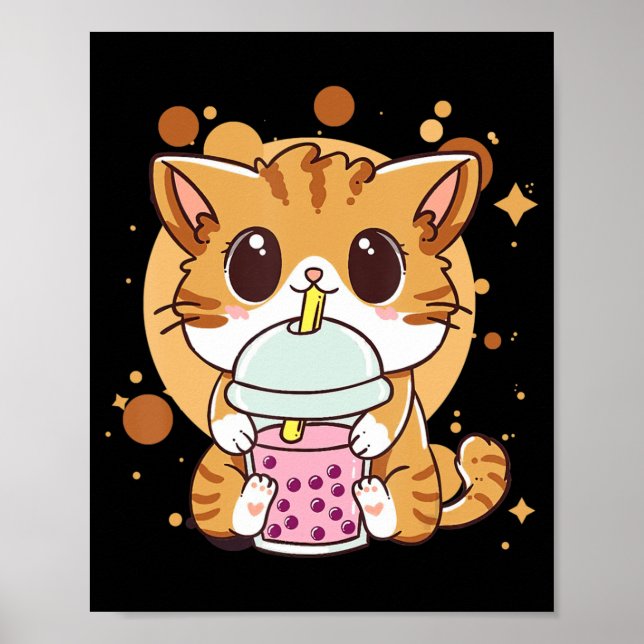 Cat Boba Tea Bubble Tea Kawaii Anime Japanese Neko Poster (Front)