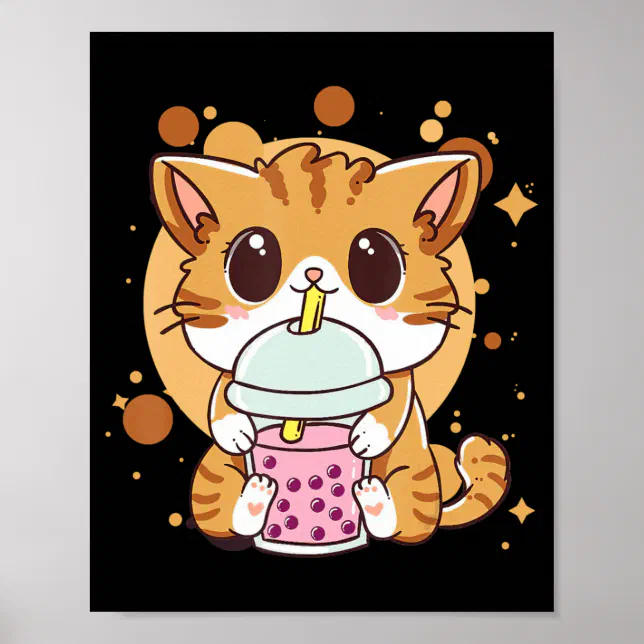 Cat Boba Tea Bubble Tea Kawaii Anime Japanese Neko Poster | Zazzle