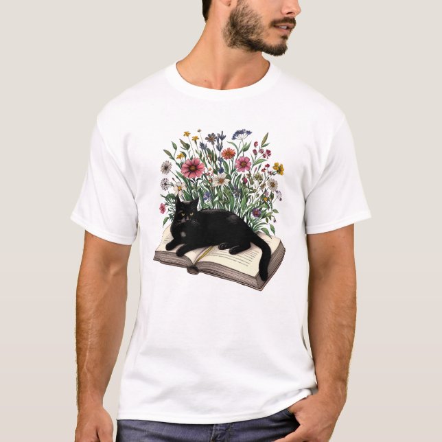 Cat Book Flower Reader Bookish T-Shirt (Front)