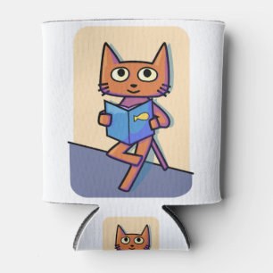 Cat Book Reading Standing Wall Fish Looking Pet Can Cooler