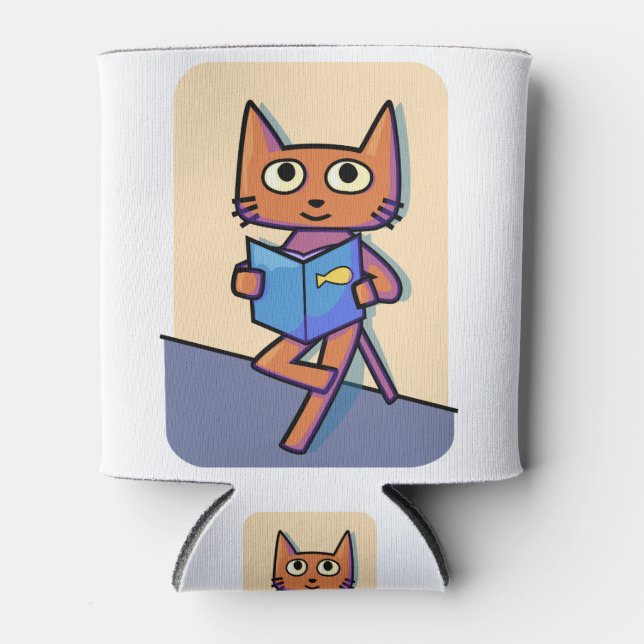 Cat Book Reading Standing Wall Fish Looking Pet Can Cooler (Front)