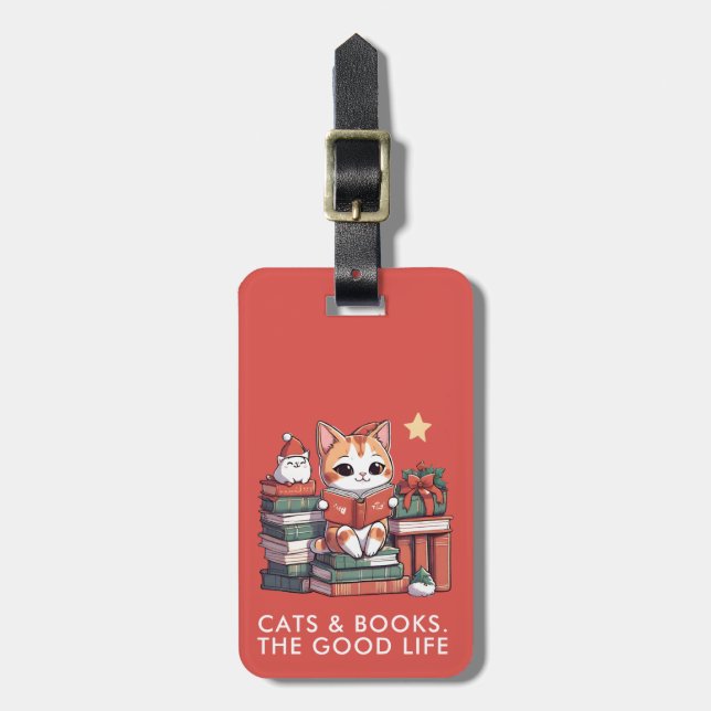Cat BookLover Red Christmas Luggage Tag (Front Vertical)