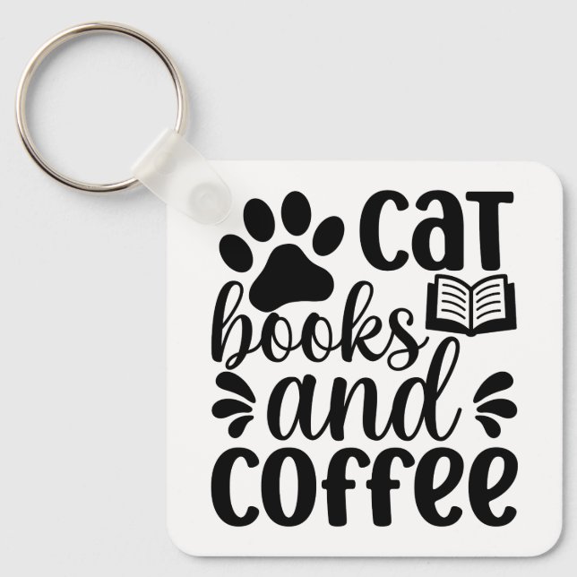 "Cat Books and Coffee" Cute Typography Key Ring (Front)